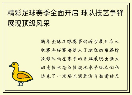 精彩足球赛季全面开启 球队技艺争锋展现顶级风采