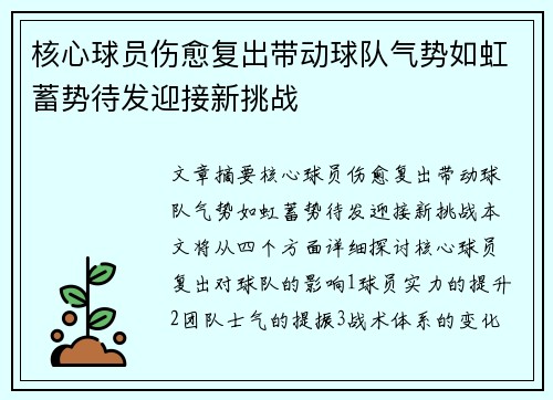 核心球员伤愈复出带动球队气势如虹蓄势待发迎接新挑战