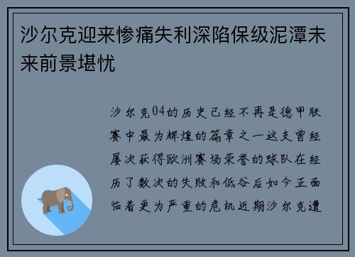 沙尔克迎来惨痛失利深陷保级泥潭未来前景堪忧