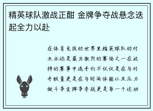 精英球队激战正酣 金牌争夺战悬念迭起全力以赴